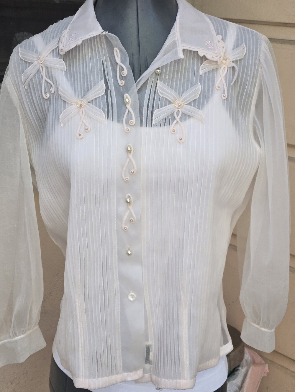 Vintage Fifties Ivory Pleated Sheer Blouse Embellished Embroidery Pearls